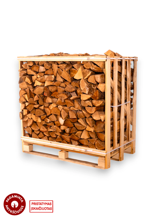 Džiovintos ąžuolo malkos medinėje dežėje (1 erdmetris)