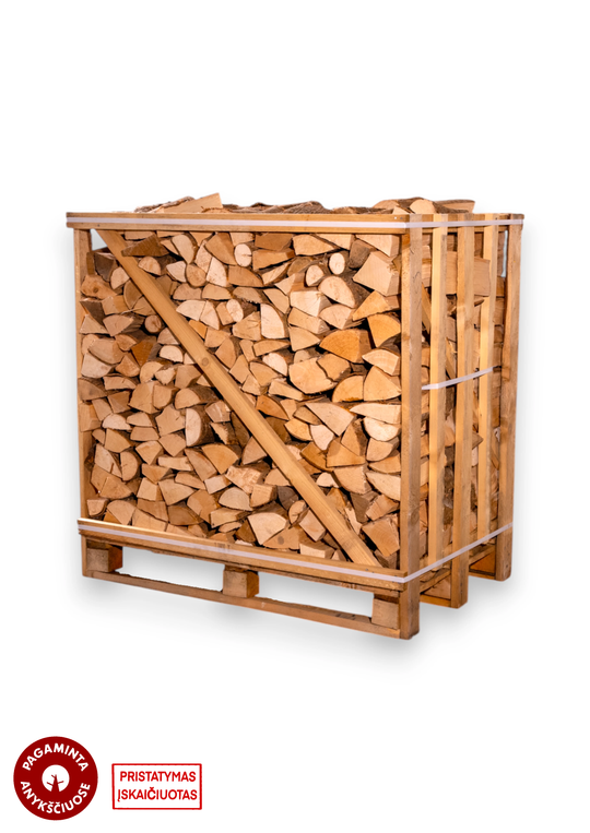 Džiovintos uosio malkos medinėje dežėje (1 erdmetris)