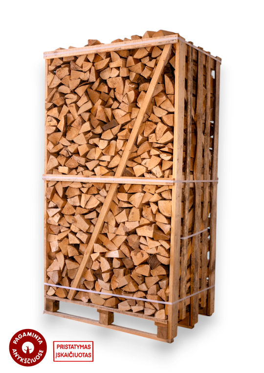 Džiovintos uosio malkos medinėje dežėje ( 1.8 erdmetrio)