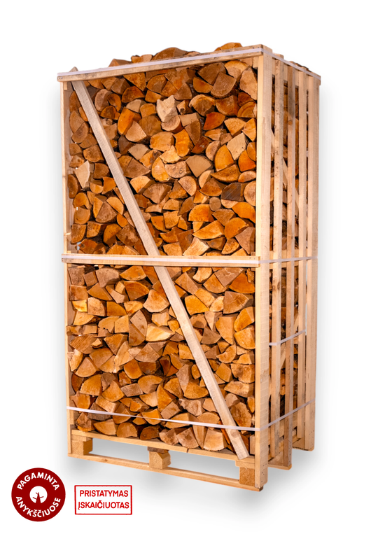 Džiovintos alksnio malkos medinėje dežėje (1.8 erdmetrio)
