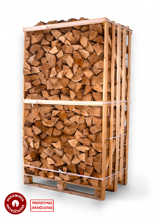 Džiovintos ąžuolo malkos medinėje dežėje ( 1.8 erdmetrio)