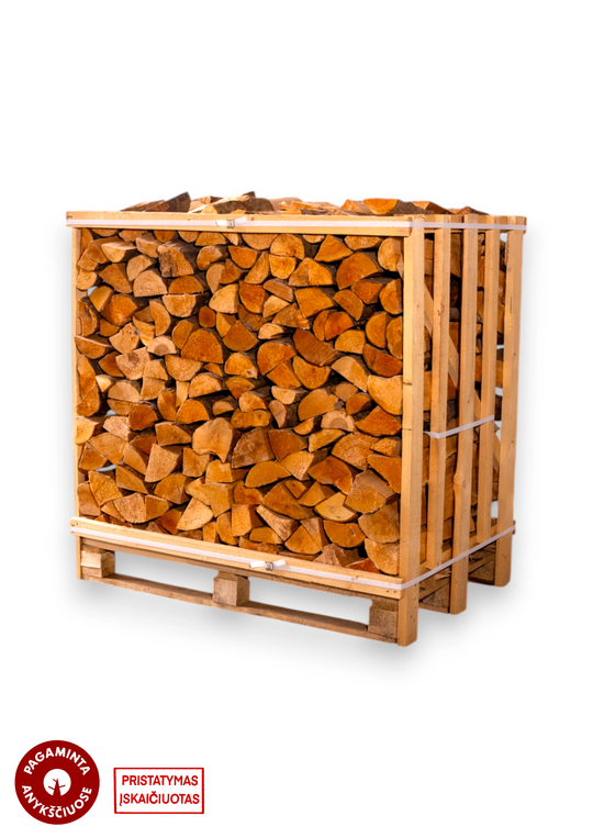 Džiovintos alksnio malkos medinėje dežėje (1 erdmetris)